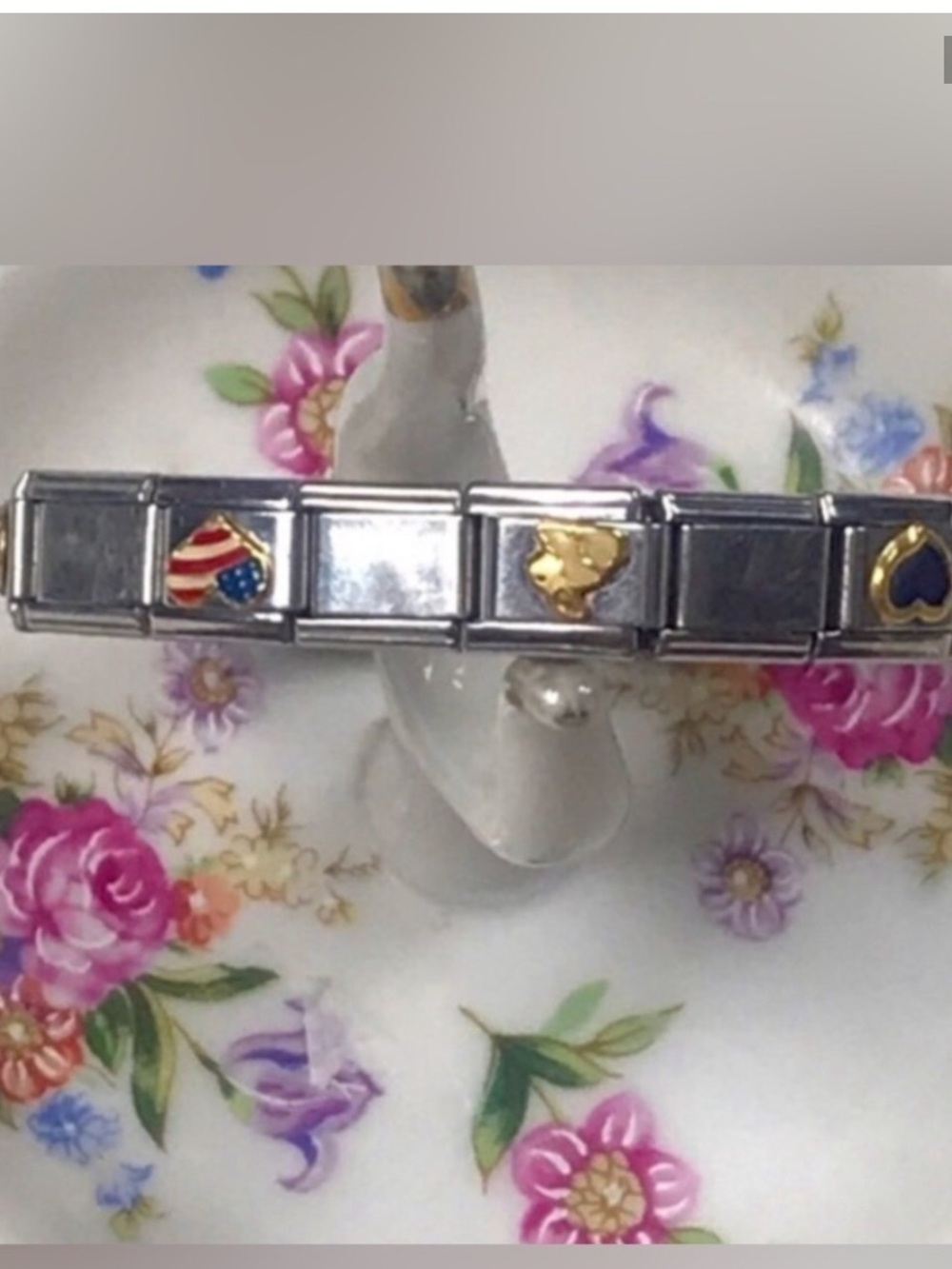 Stainless Steel Italian Link Charm Bracelet with Gold & Enamel Accents